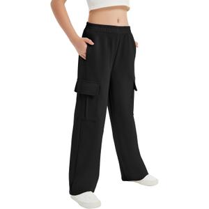 EXARUS Girls Sweatpants with Cargo Pockets Elastic Waistband Wide Leg Causal Kids High Waisted Pants (8 Years, Black)