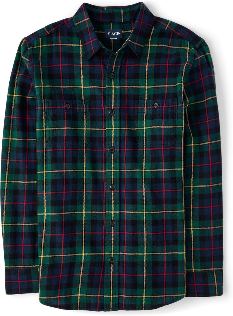 The Children's Place Mens Long Sleeve Button Up Shirt (Large, Spruce Plaid Flannel - Dad)