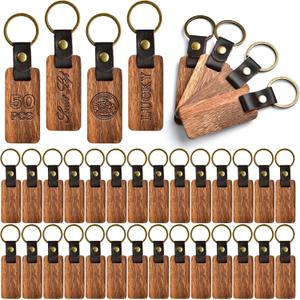 Supkiir 50Pcs Leather Keychain Blanks, Wooden Keychain with Leather Strap, Unfinished Wood Engravable Blank Key Chain for Laser Engraving DIY Various Key Tags Craft Gift