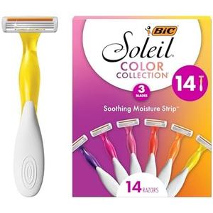 Pack of 2, BIC Soleil 3 Colors Women's Disposable with 3 Blade Razors, Aloe Vera and Vitamin E Lubricating Strip for Enhanced Glide, 14-Pack, Stocking Stuffers for Women