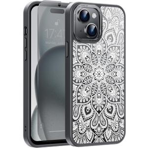 Goodon for iPhone 15 Plus Case with Privacy Screen Protector, Compatible with Magsafe, Shockproof Translucent Matte Cover - Cute Floral Design Phone Case for Women and Girls - Mandala Flower
