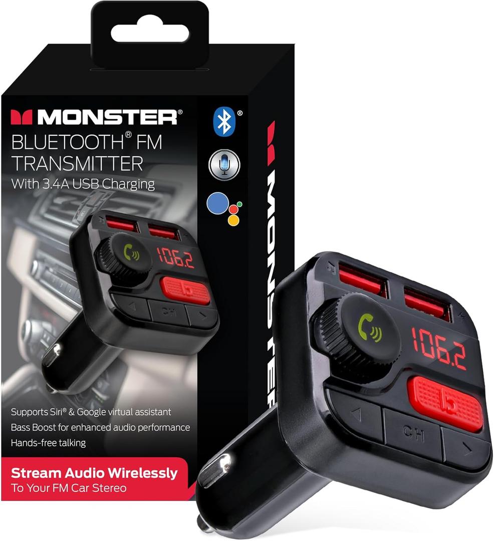 Monster Bluetooth FM Transmitter for Car Cigarette Lighter, Bass Boost, Track Back/Forward, Volume, Play/Answer Buttons, Micro SD Card Slot, Microphone, 2 USB Chargers, Google Voice & Siri Compatible