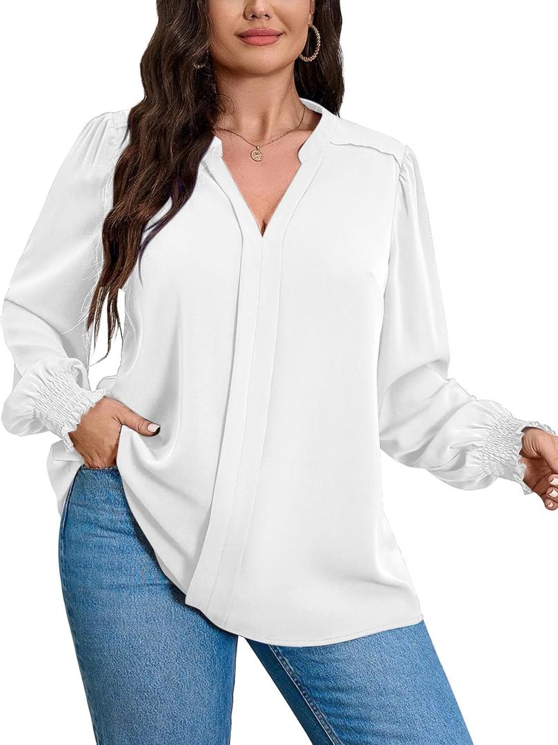 SCOMCHIC 2024 Plus Size Blouses for Women Dressy Casual V Neck Long Sleeve Casual Loose Shirts XL-5XL (XX-Large Plus, White)