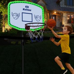 Solar Trampoline Basketball Hoop with LED Lights, Fits for Diameter 25mm - 32mm Straight & Curved Pole, Universal Trampoline Basketball Hoop Attachment with Mini Ball and Pump for Indoor & Outdoor
