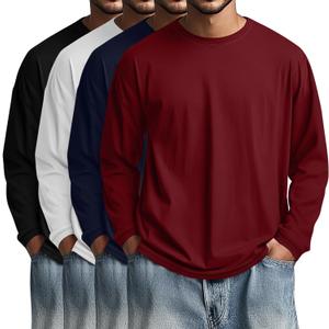 4 Pack Men's Big and Tall Cotton Shirts L-7xl, Long Sleeve Oversized Tops Loose Casual Large T-Shirts Basic Tee