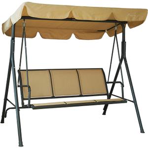 Kozyard Outdoor Patio Swing Chair w/Textilene Breathable 3-Person Armrest Seat, Canopy Porch Swing w/Adjustable Shading, Heavy-Duty Powder-Coated Swing Sets for Backyard, Poolside, Balcony (Beige)