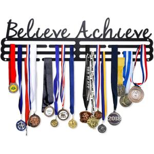 Generic Believe Achieve Medal Holder and 50 Ribbon Hanger Display for Gymnastics, Marathon and 5K Running, Dance, and Sports, Large Award and Trophy Shelf, Steel Wall Mount with Hardware, Black