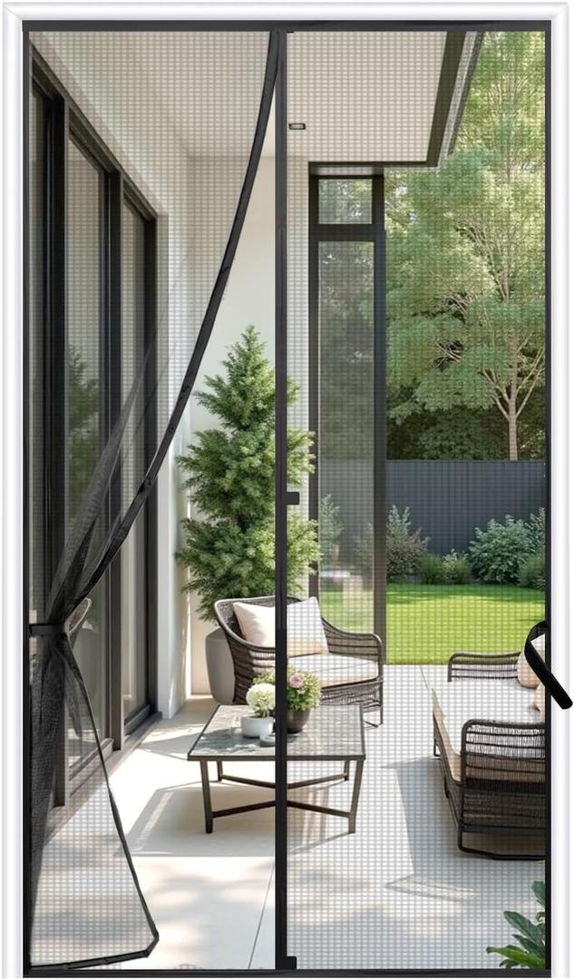 Sunolga 34 x 81 Inch Magnetic Screen Door, Fits Doors Size 32 x 80 Inch, Reinforced Polyester Screen Door Mesh with Full Frame Hook & Loop, Door Screen Magnetic Closure for Hands-Free (Black)