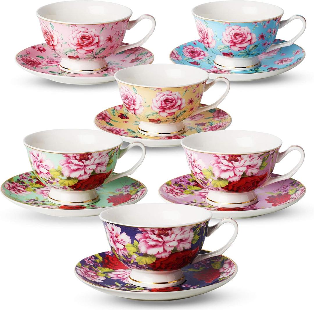 BTaT- Tea Cups and Saucers Set of 6, Floral (8oz) Porcelain Cups for Tea Part, Rose (Multicolor)
