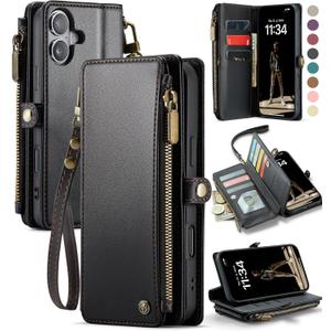 Defencase Compatible with iPhone 16 Plus Case Wallet with RFID Blocking Card Holder for Women Men, Soft PU Leather Magnetic Snap Flip Zipper Strap Wallet Phone Case Fit for iPhone 16 Plus 6.7", Black