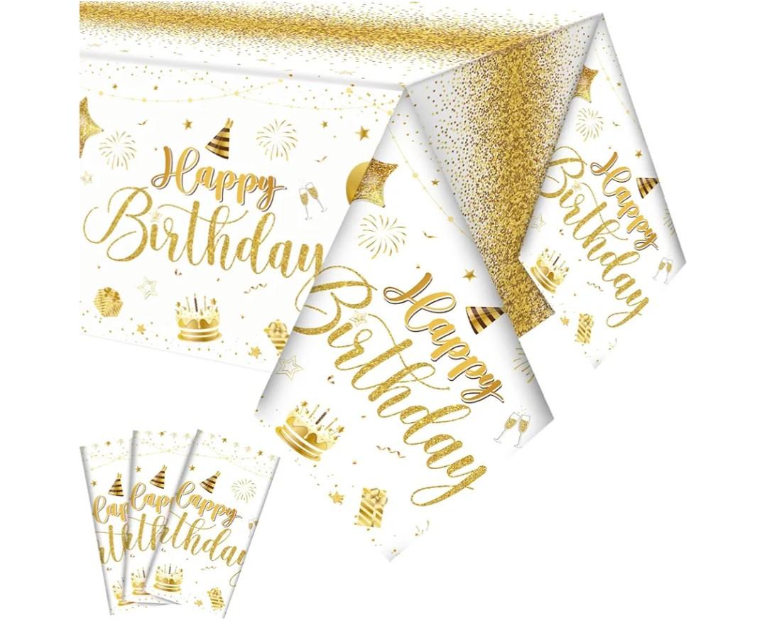Tudomro 3 Pcs Happy Birthday Tablecloths Happy Birthday Party Decorations Plastic Table Cover Rectangular Cloths for Women Men Baby Shower Party Supplies, 108 x 54 Inch (White Gold)