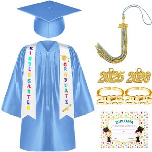 Sasylvia Kindergarten Preschool Graduation Gown Cap Set with 2025 Tassel Graduation Stole Rings Certificate for Toddler Kids (Size 30, Sky Blue)