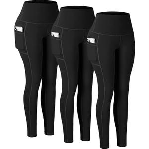CHRLEISURE Leggings with Pockets for Women, High Waisted Tummy Control Workout Yoga Pants (Medium, 3 Packs - Black/Black/Black)