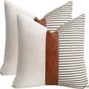 cygnus 20x20 Pillow Covers Set of 2 Farmhouse Decor Stripe Patchwork Linen Throw Pillow Covers Modern Faux Leather Covers for Couch Sofa, Gray