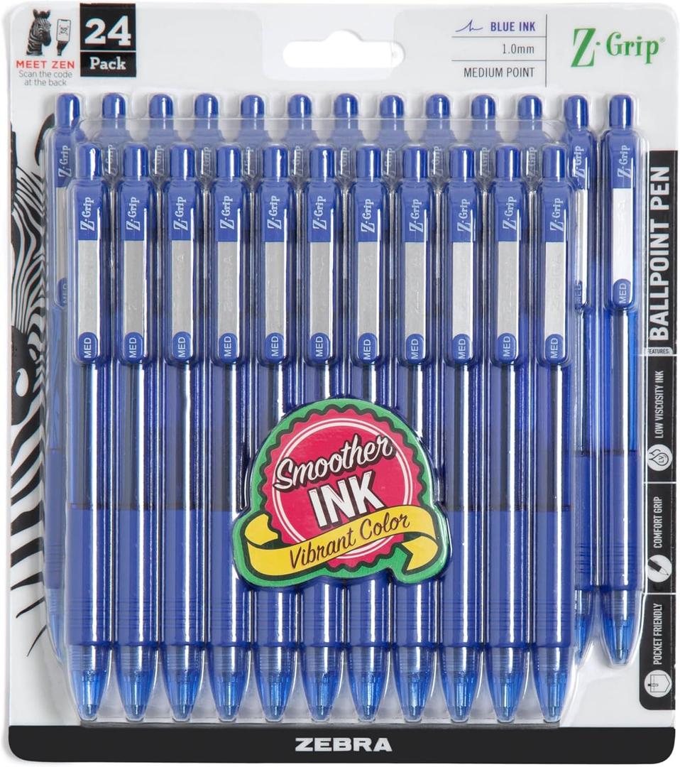 Zebra Pen Z-Grip Retractable Ballpoint Pen, Smooth-Flowing Blue Ink, 1.0mm Medium Point, School & Office Supplies, Ideal for Note-Taking, Journal and Planner Use, 24-Pack (12225)