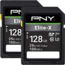 PNY 128GB Elite-X Class 10 U3 V30 SDXC Flash Memory Card - 100MB/s, Class 10, U3, V30, 4K UHD, Full HD, UHS-I, Full Size SD (Pack of 2)