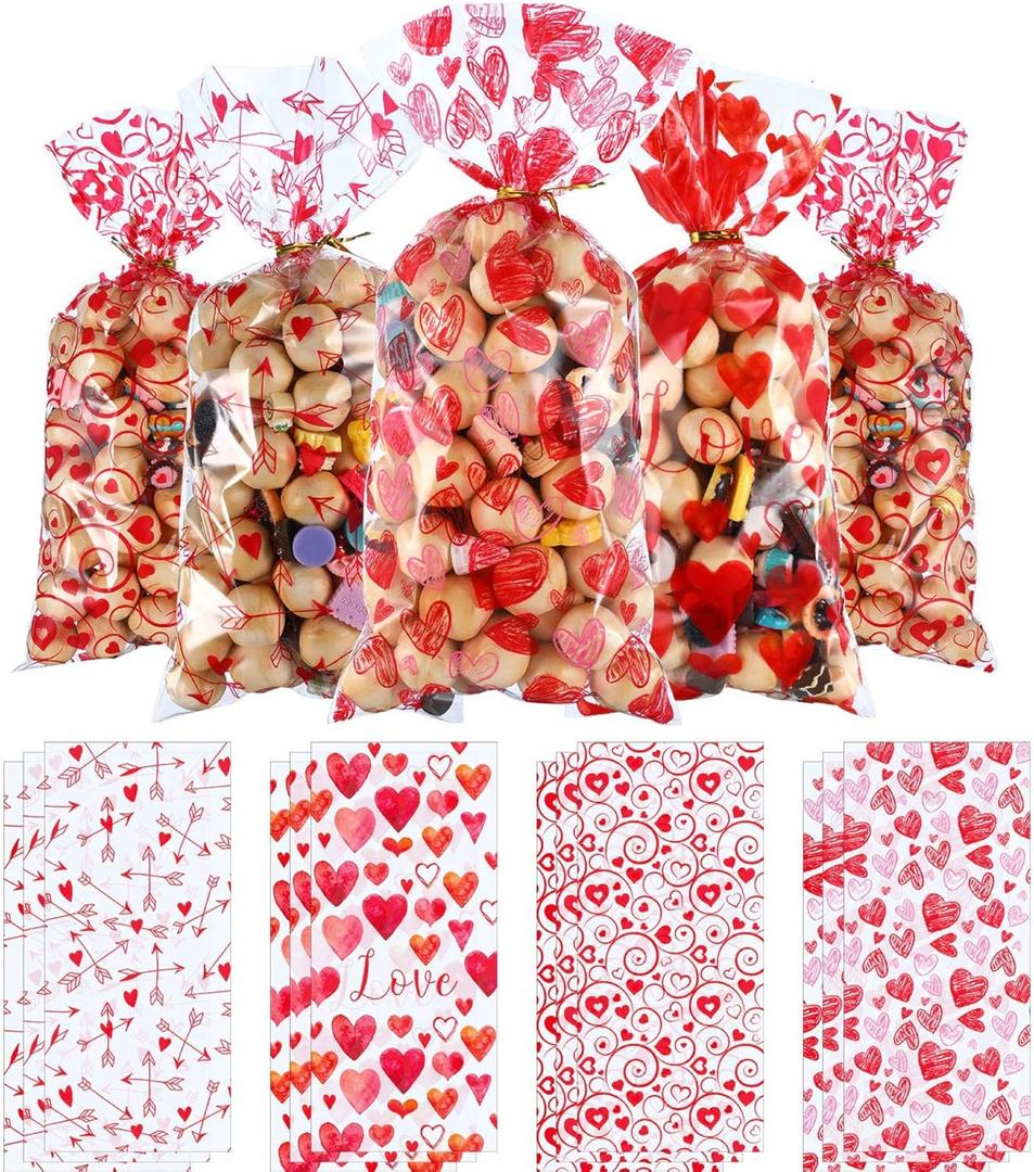 Blulu Valentines Treat Bags 100 Pcs Valentine Candy Cellphone Bag 4 Styles Plastic Heart Cookie Bags Gift with 200 Pieces Twist Ties for Party Supplies(100 Pcs,C Style)