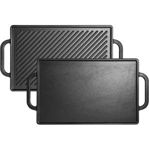 Leship Cast Iron Rectangular Reversible Griddle for Oven, Stove Tops, Grill and Others, 13''x 8.25'' Double-Sided Griddle