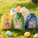 12 Pcs Easter Bunny Gift Bag with Drawstring, Easter Bags Burlap, Party Favor Birthday Decoration Reusable Rabbit Linen Goody Gift Bags with Double Jute Drawstrings, Treat Goodie Bag for Some Bunny Is One Easter Baby Shower Candy Garden Tea Party, 5x7 inch