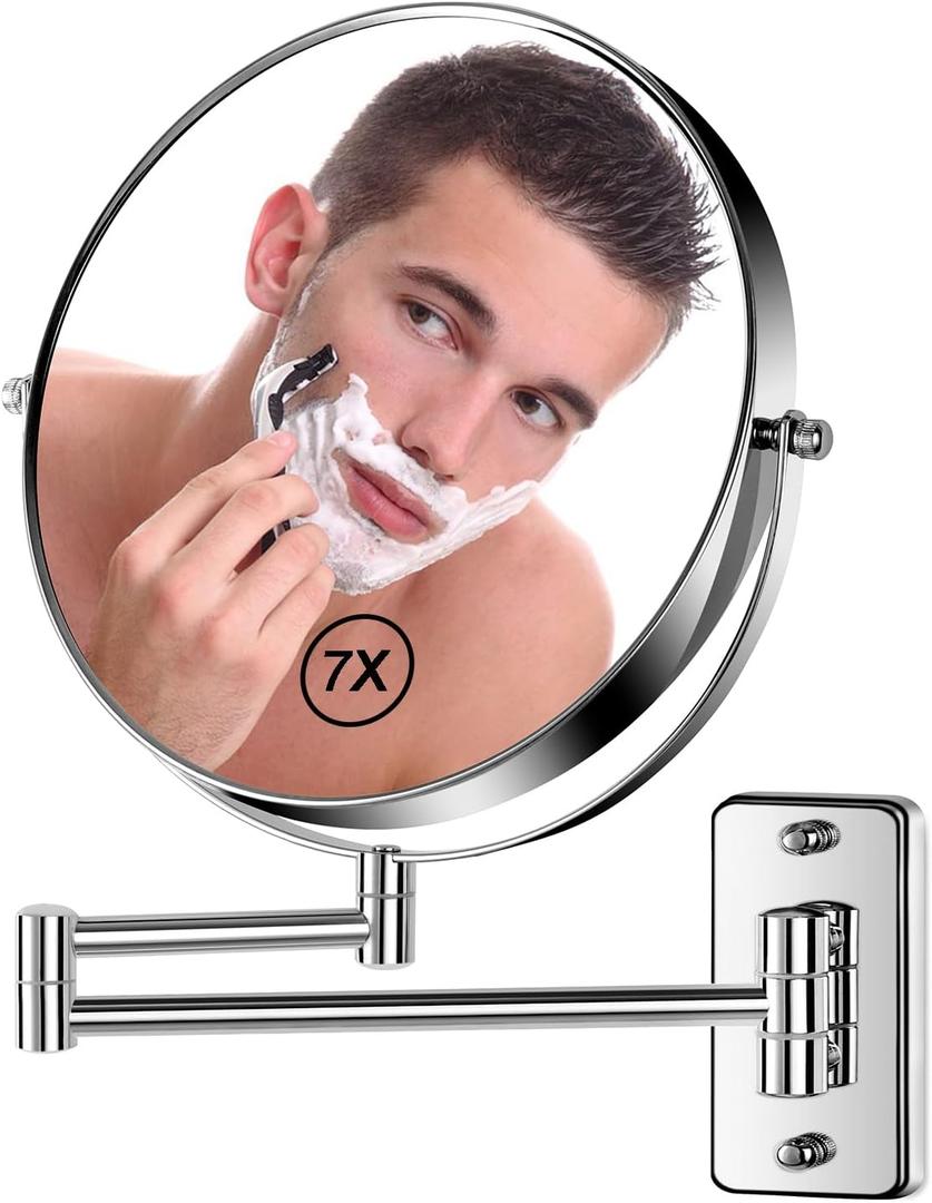 8 Wall Mounted Magnifying Makeup Mirror 1X/7X Wall Mount Mirror Swing Arm Two-Sided 360 Swivel Bathroom Shaving Mirror for Men and Women in Hotel/Home, Chrome