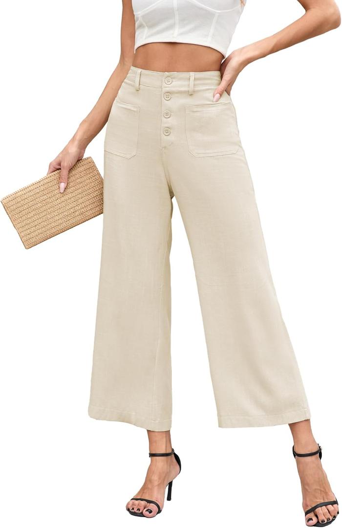 Famulily Womens Linen Pants for Summer Button Down Wide Leg Cropped Pants Casual Capri Pants with Pockets size L