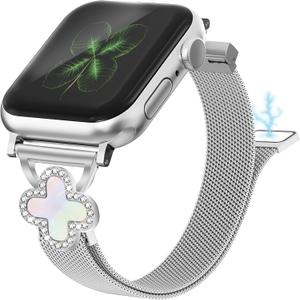Joyozy Slim Metal Band Compatible with Apple Watch Band 38mm 40mm 41mm 42mm 44mm 45mm 46mm 49mm Skinny Magnetic Strap with Bling Charms, Cute Stainless Steel Band, Dressy Thin iWatch Bracelet for Women (Silver)
