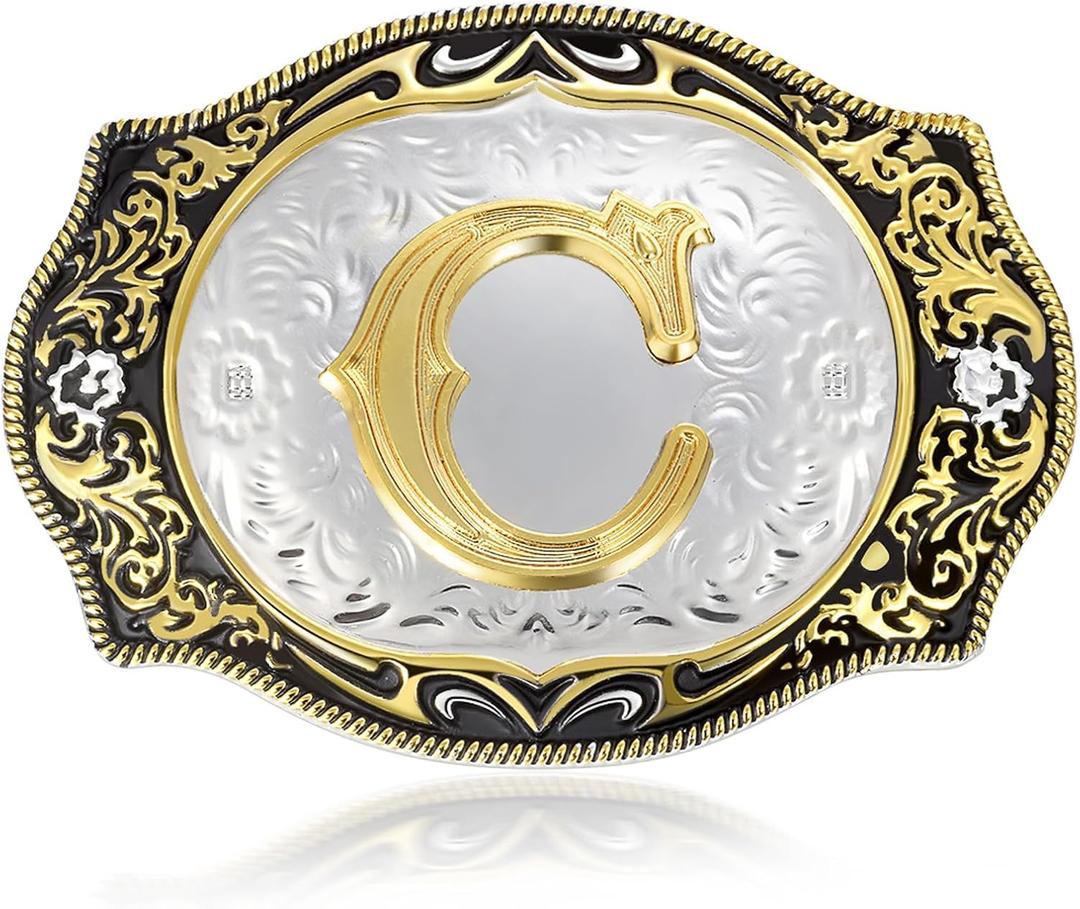 Western Initial Letters Belt Buckle ABCDEFG to XYZ Golden Alphabet Letters Belt Buckles for Men Women Cowboy