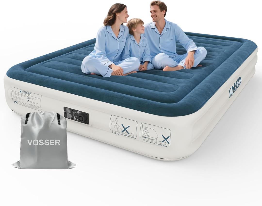 King Air Mattress with Built in Pump,Inflatable Mattress 2 Mins Self-Inflation/Deflation,Thicker Blow up Mattress Leak-Proof,Flocked Top Air Bed with Storage Bag for Home, Camping & Guests