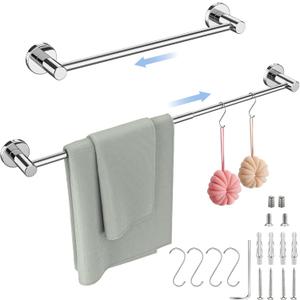 Adjustable Single Bath Towel Bar 16 to 27.6 Inch,ZUEXT Chrome Finished Stainless Steel Towel Holder Hanger,Retractable Wall Mounted Towel Rail for Bathroom Kitchen,1" Tube Towel Rail Rack w/S Hooks