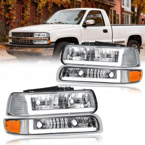 LED DRL Headlight Assembly, Compatible with 1999-2002 Chevy Silverado 1500 2500/2001-2002 Silverado 1500HD 2500HD 3500HD Chrome Housing Amber Reflector