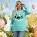 Plus Size Easter Shirts for Women Cute Bunny Rabbit Graphic Shirt Happy Easter Long Sleeve Tees Tops (Blue, XXXL)