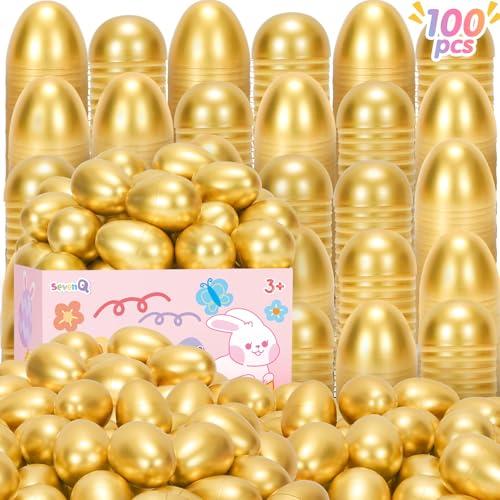 SevenQ Easter Eggs Empty 100Pcs, Fillable Plastic Golden Eggs for Easter Basket Stuffers Fidget Toy Easter Gifts for Kids Party Favors Pinata Treasure Box Candy Goodie Bags Fillers Egg Hunt Essentials