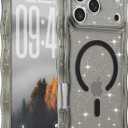 FABSPARK Case for iPhone 17 Pro Max,Compatible with MagSafe, Magnetic Clear Curly Wavy Frame Wave Case with Sparkly Bling Glitter, Transparent Acrylic Hard PC for iPhone 17 Pro Max, Glitter Clear Black