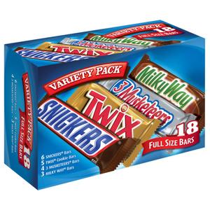 Mars SNICKERS, TWIX, 3 MUSKETEERS & MILKY WAY Full Size Christmas Candy Chocolate Bar Variety Box, 18 ct Bulk Candy, Best By: 07/2026