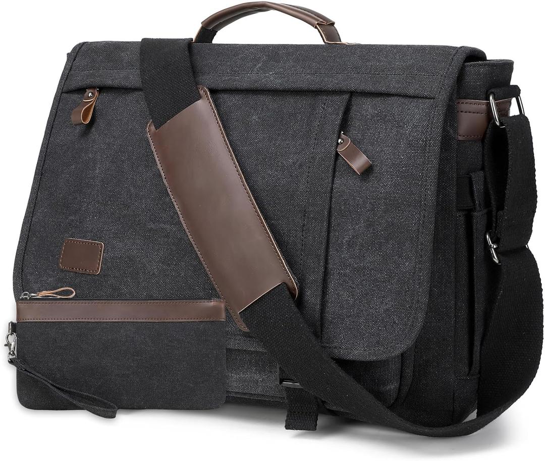 17.3 Inch Messenger Bag for Men: 2PCS Laptop Bag PU Leather Canvas Work Briefcase Large Office (Black)