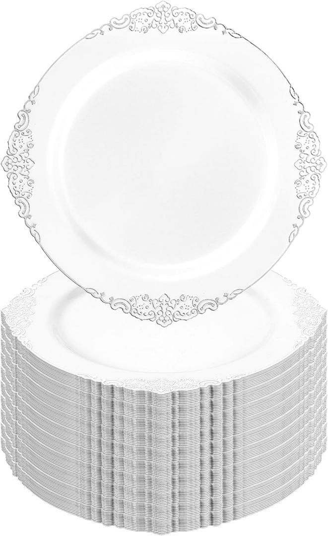 Goodluck 100PCS White and Silver Plastic Plates – 10.25” Heavy Duty Disposable Dinner Plates & Party Plates for Weddings, Parties, Events – Elegant, Sturdy