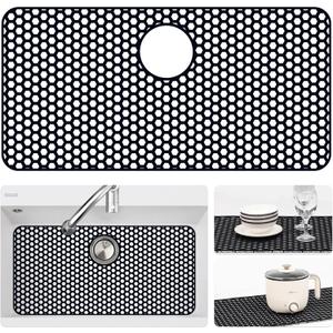 Bestjing Silicone Sink Protectors for Kitchen Sink with Rear Drain - 28.3"x 15.7" Kitchen Protector Accessory, Non-Slip Heat Resistan Mat for Bottom of Farmhouse Stainless Steel (Rear Hole, Black)