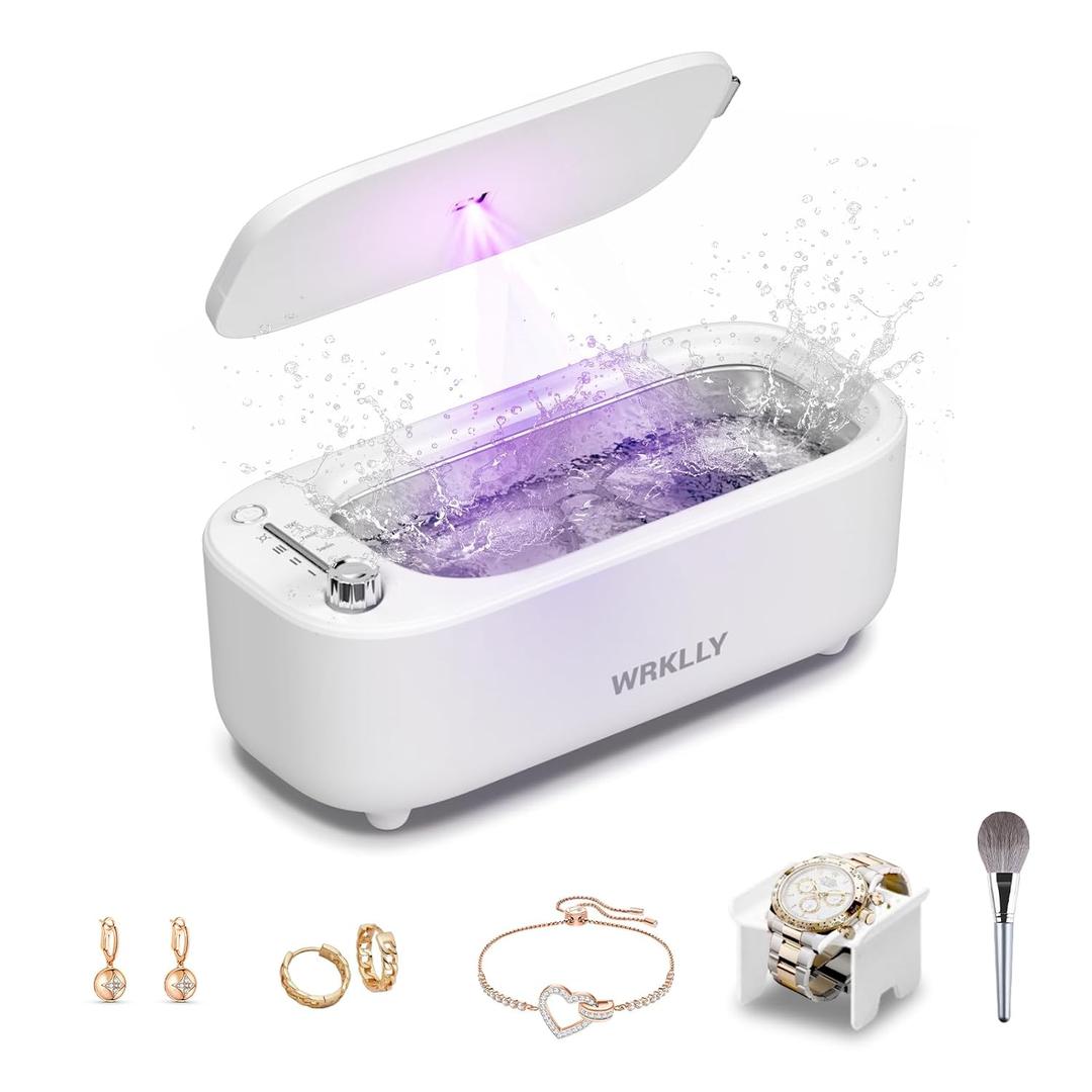 WRKLLY Ultrasonic Jewelry Cleaner, 50KHz 14oz Professional Ultrasonic Cleaner Machine with 4 Timer Modes, 304 Stainless Steel Tank for Jewelry, Eyeglasses, Rings, Coins, Watch Strap, Dentures (White)