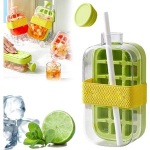 Ice Cube Bottle, Cool Summer Ice Bottle Cup, 2 in 1 Touch-Free Ice Cube Tray Water Bottle with Lid and Bin, Easy Press to Release Vertical Ice Cube Tray with Lid for Freezer (Green 800ml)