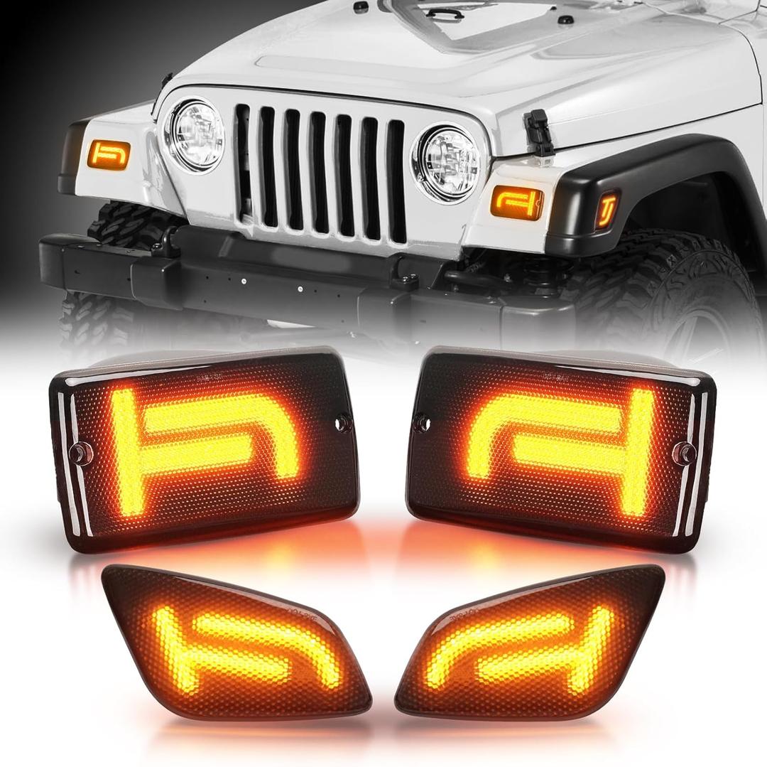 Brighter TJ LED Turn Signal Lights and Side Marker Lights with Cool TJ Shape, Front Turn Signal Lamps Fender Side Markers Lights with Smoked Lens Covers Fit for Wrangler TJ 1997-2006, Plug & Play