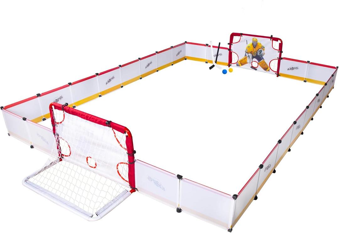 kasifei Mini Hockey Rink Set - Full Rink - Complete Indoor/Outdoor Sports Games with Steel Knee Goals, Sticks, and Ball - for Kids Ages 3 and Up