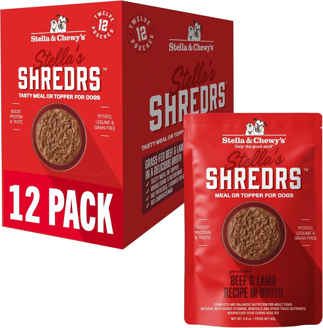 Stella & Chewy's Grass Fed Beef & Lamb Shredrs - Premium Dog Food Pouches - Perfect for Picky Eaters - 12 Pack, 2.8oz Each (EXP 08/06/27)