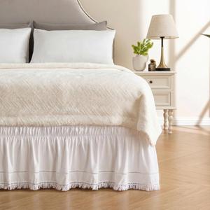 MIYE Wrap Around Ruffled Lace Bed Skirt, Elastic Dust Ruffle with Adjustable Belts, Easy to Put On, Bed Frame Cover, Machine Washable (Tassel Ruffle/White, King/Queen-18 Drop)
