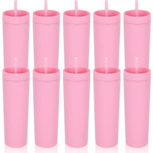 16 oz Pink Skinny Tumblers with Lid and Straw, 10 Pack Bulk Tumblers, Reusable Double Wall Plastic Cups for Iced Coffee, Travel, and Home, Leak-Proof, Insulated Drinkware Gift Set for Women and Girls