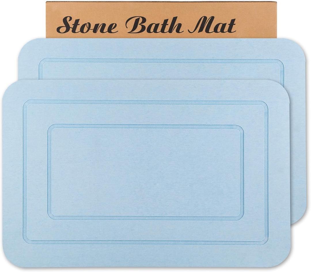 2 Pack Diatomaceous Earth Bath Mat, Stone Shower Mat, Non-Slip Super Absorbent Quick Drying Bathroom Kitchen Floor Mat, Blue, 24x15