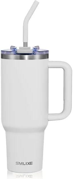 40 oz Tumbler with Handle and Straw Lid,Insulated Reusable Stainless Steel Water Bottle Travel MugCupholder Friendly Double Wall Vacuum Sealed Cup (Cold White)