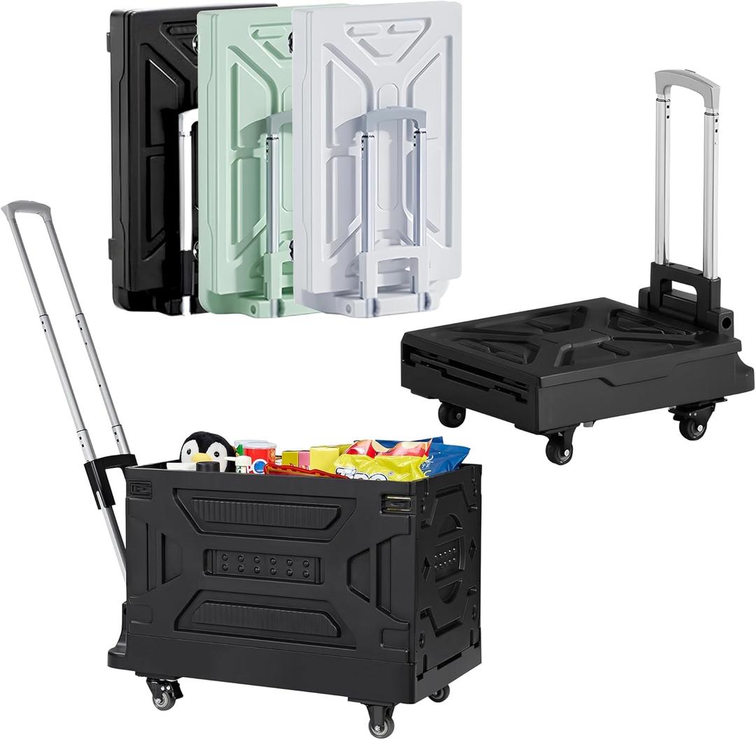 VECELO 23 GAL 2-in-1 Foldable Shopping Cart, Collapsible Utility Cart with Adjustable Handle & 360 Wheels, Dual-Mode Rolling Crate (Basket/Flatbed) for Groceries, Camping, Compact Storage, Black