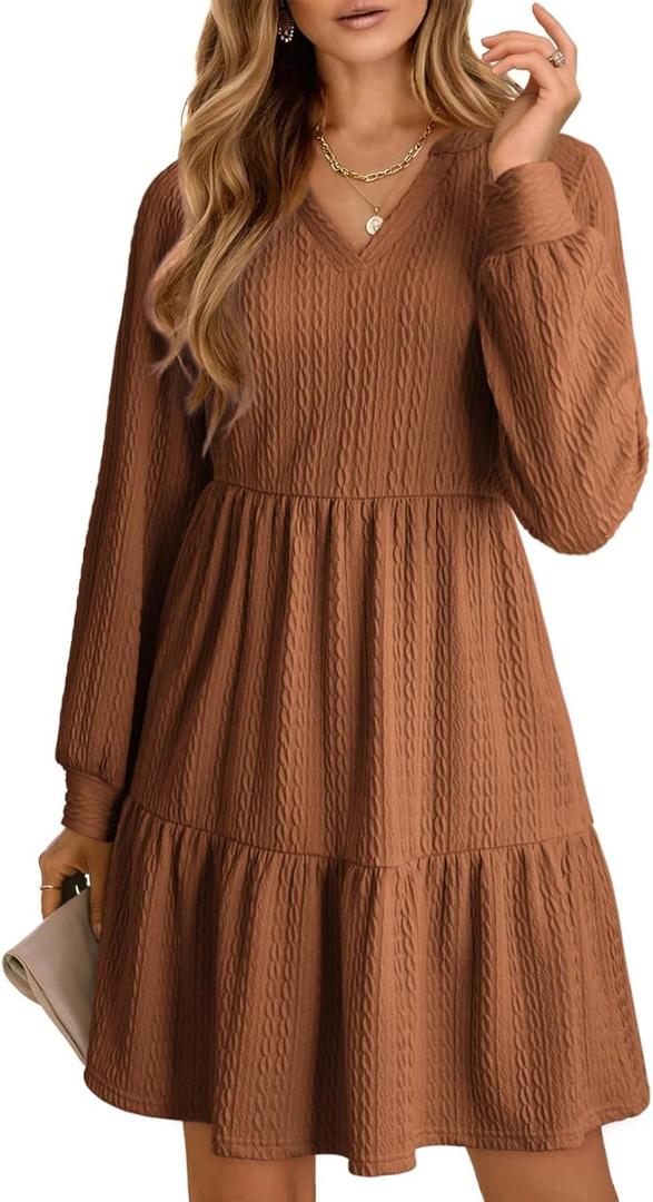 Dokotoo Fall Dresses for Women 2025 Long Sleeve V Neck Textured Casual Lightweight Tiered Ruffle A-Line Mini Baby Coll Dress (Brown) X-Large