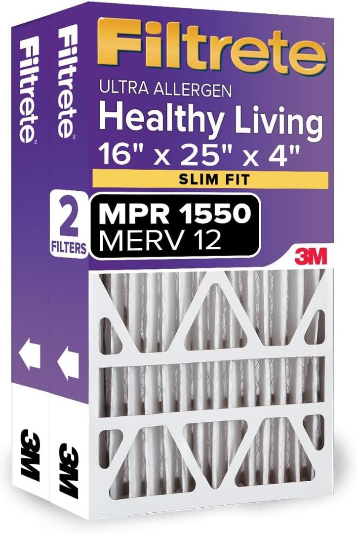 Filtrete 16x25x4(SlimFit), AC Furnace Air Filter, MPR 1550 DP, Healthy Living Ultra Allergen Deep Pleat, 2-Pack, Fits Lennox & Honeywell Devices (exact dimensions 15.5 x 24.5 x 3.75)