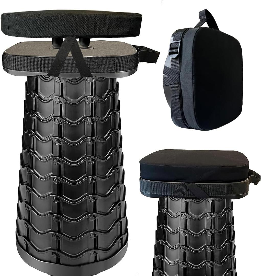 Portable Collapsible Stool Set - Heavy Duty Square Collapsible Stool + Thick Seat Cushion - 550lbs Load Capacity for Camping Picnic Gardening Travel (Black/Black)